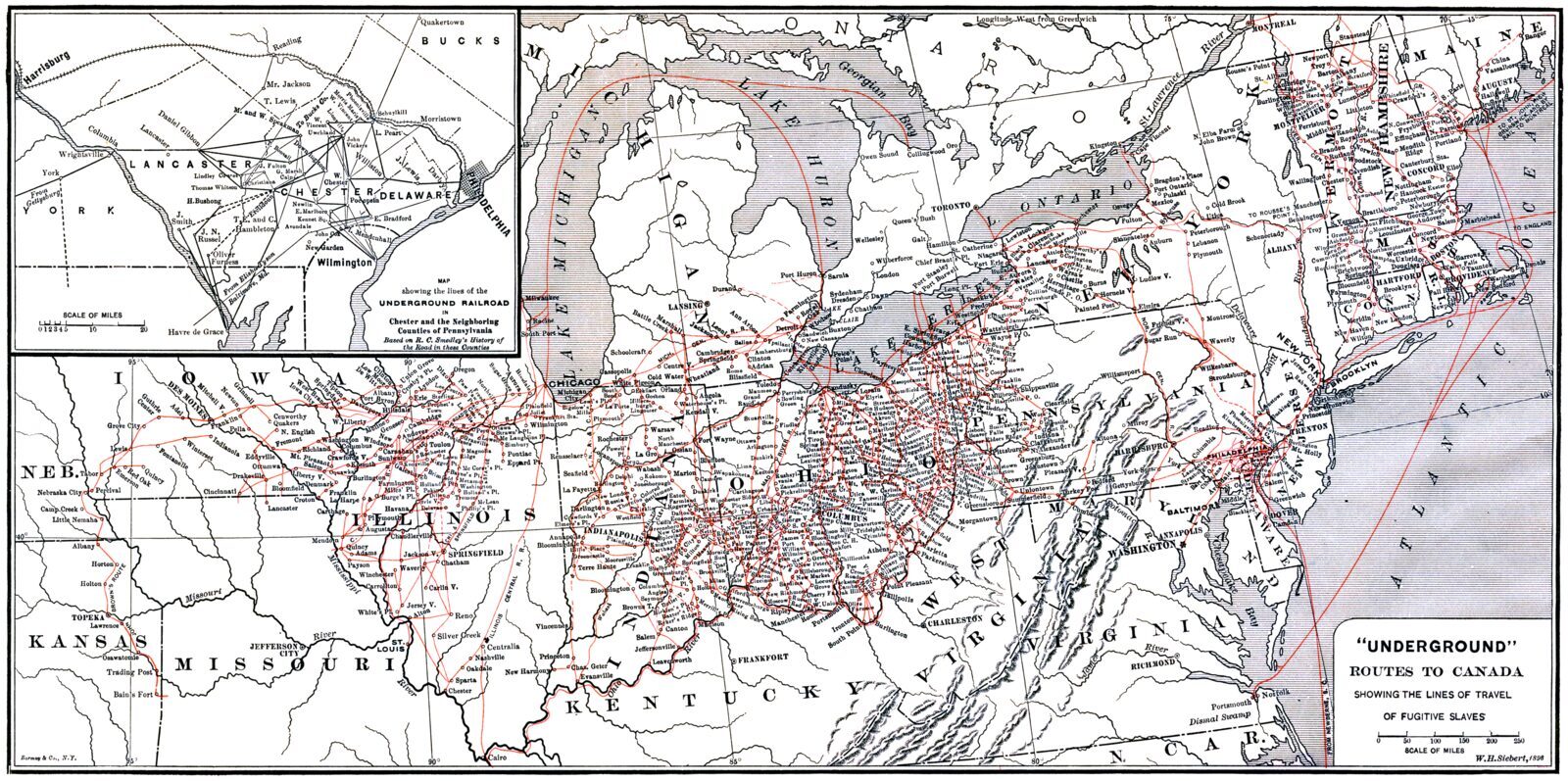 Wilbur H. Siebert's 1898 map of Underground Railroad routes to Canada. Historic map showing network of stops leading north from the Ohio Valley to Lake Erie and beyond.