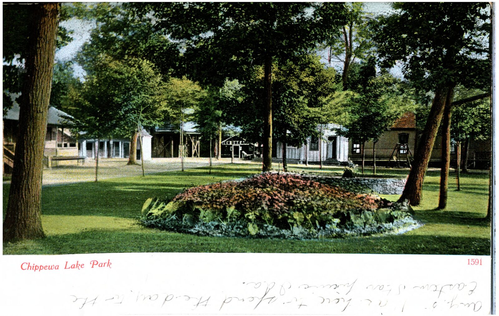 A 1907 postcard view of the Chippewa Lake Park campgrounds, showing tents and trees at the lakeside resort.