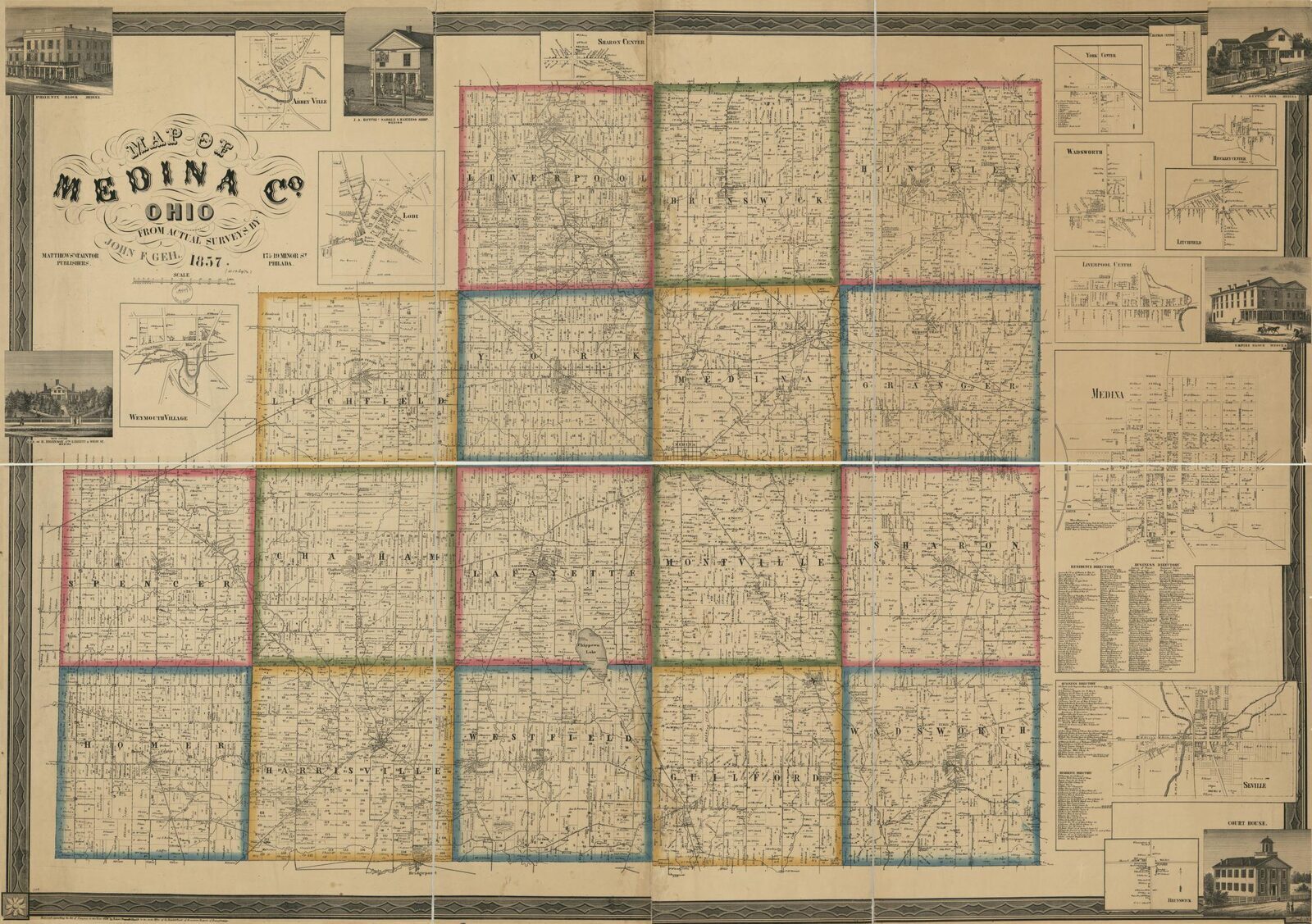 John F. Geil's 1857 hand-colored landowner map of Medina County, Ohio. Village insets ring the main map, including Liverpool Centre, Wadsworth, Seville, and Medina.