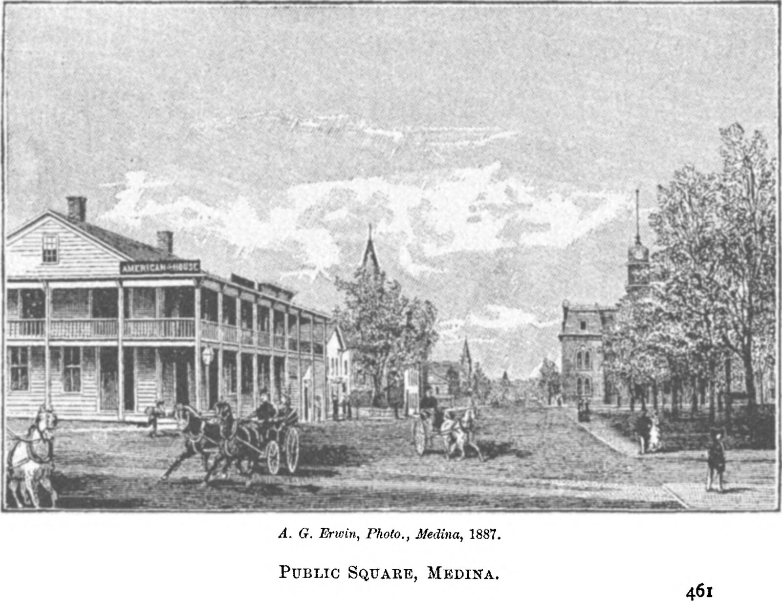 Henry Howe's 1846 sketch of Medina's Public Square, showing frame buildings around the courthouse and pre-Civil-War village center.