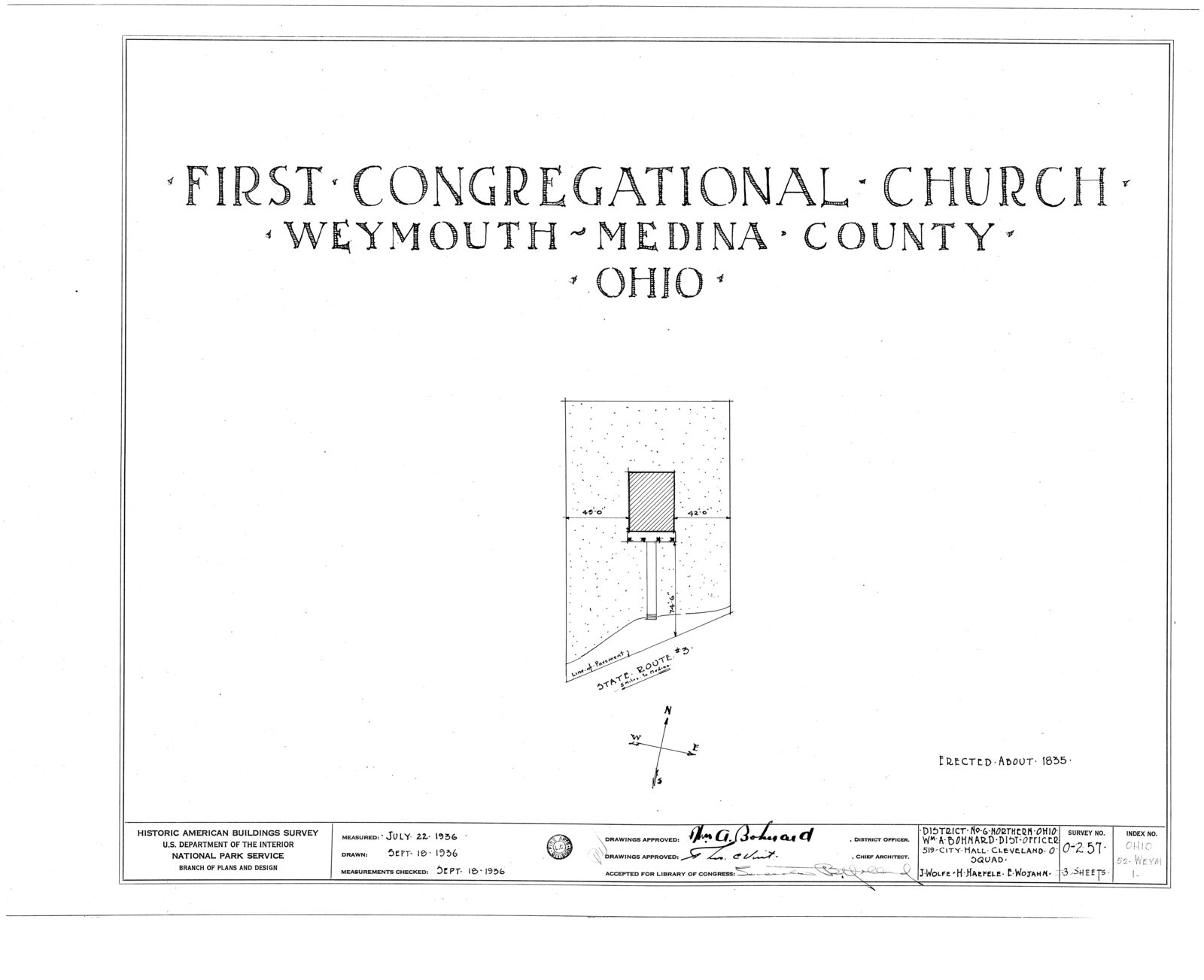 Historic American Buildings Survey drawing of the First Congregational Church of Weymouth, showing the Greek Revival meetinghouse with a Doric-columned porch.