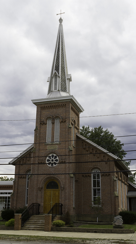 The York United Methodist Church at Mallet Creek, a brick Romanesque Revival church with a tower and spire.