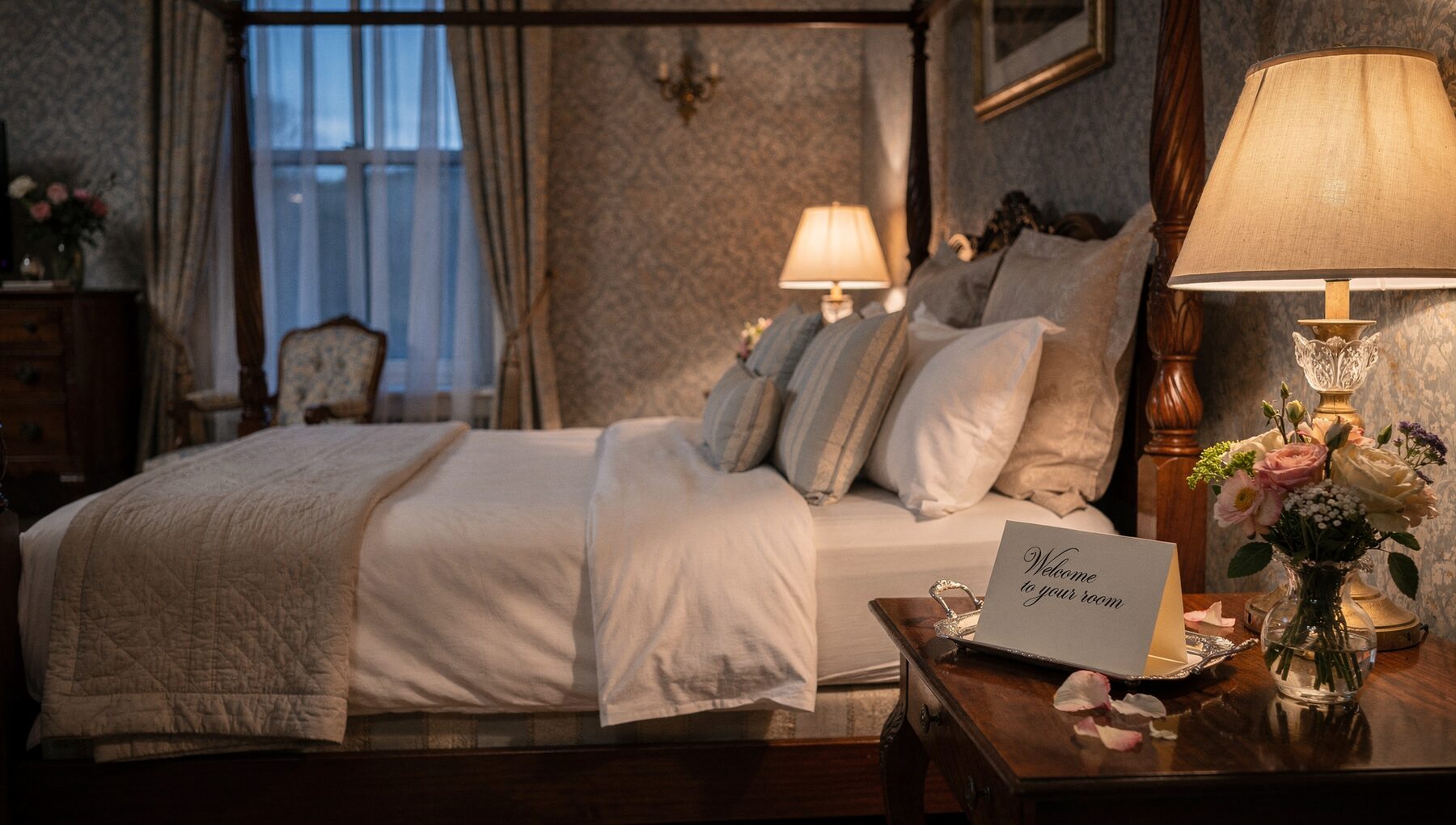 Interior of a bed and breakfast guest room with turned-down white linens and a handwritten welcome note on the bedside tray.