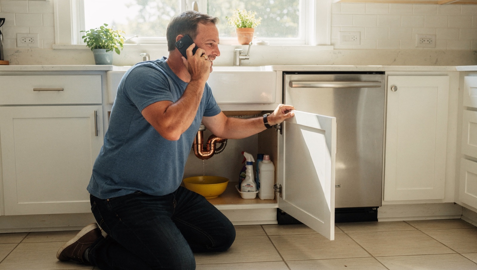 A middle-aged Medina County homeowner standing in his kitchen at night, holding a bucket up to catch water dripping from a large brown water stain on the ceiling, phone tucked between his shoulder and ear as he tries to reach someone.