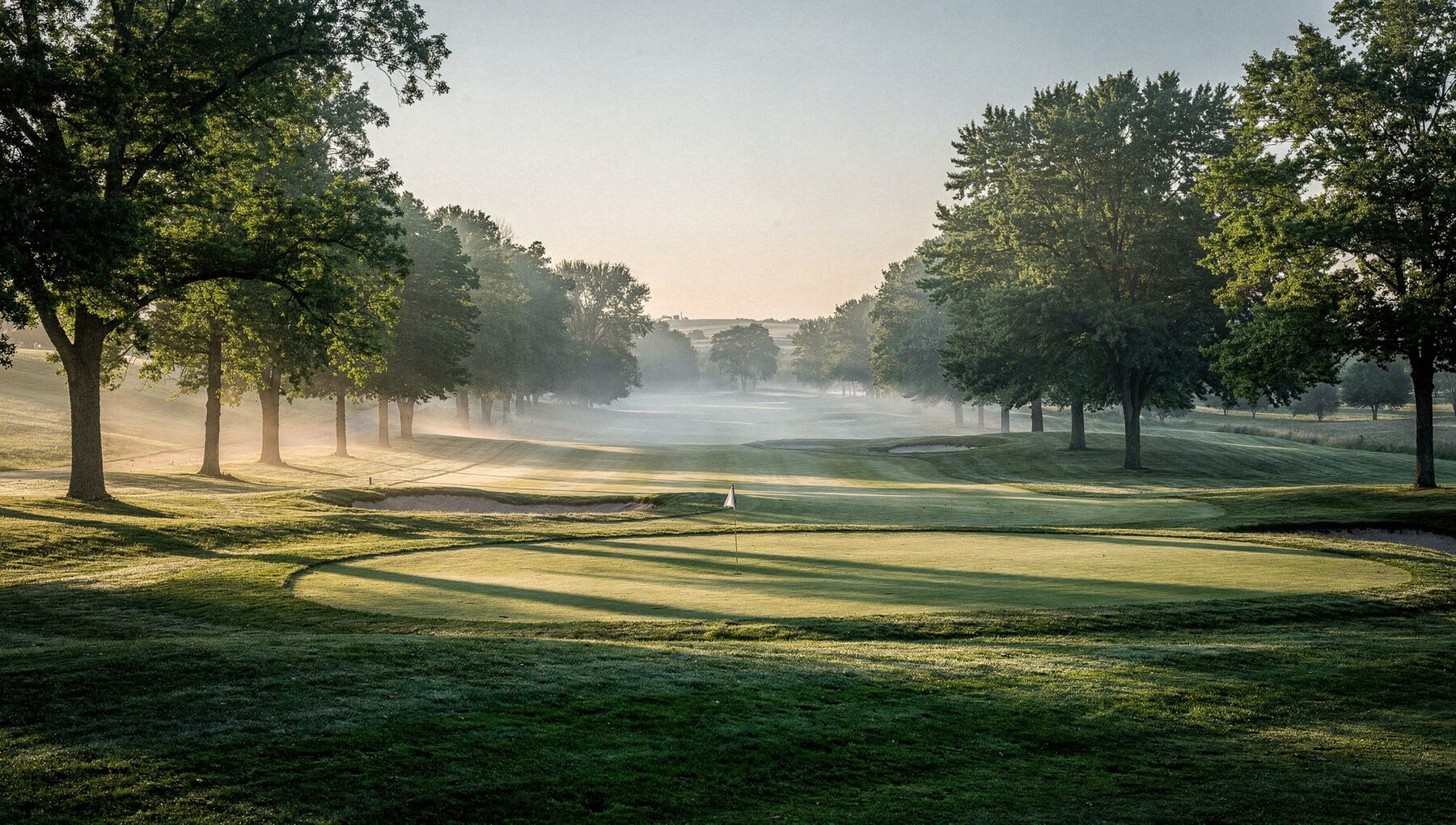 Country club golf course fairway at early morning, low mist over the closely-mown grass, mature trees lining the fairway.