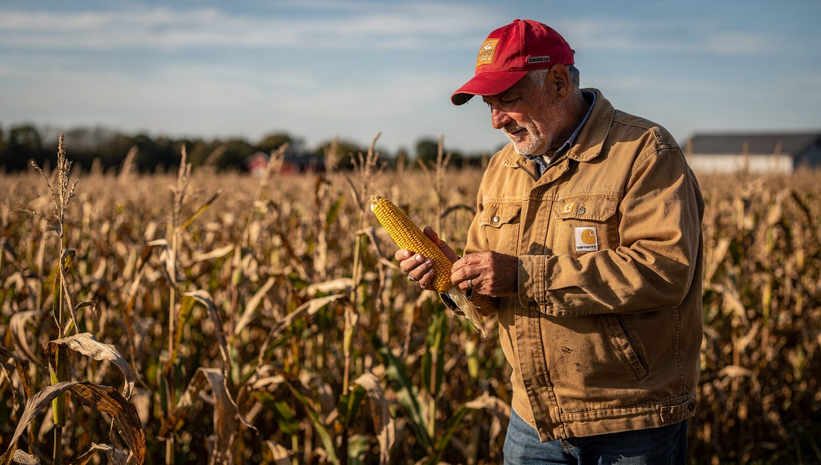 A weathered Ohio farmer in his 60s walking through a golden late-summer cornfield holding a single ear of corn, examining kernel dry-down.