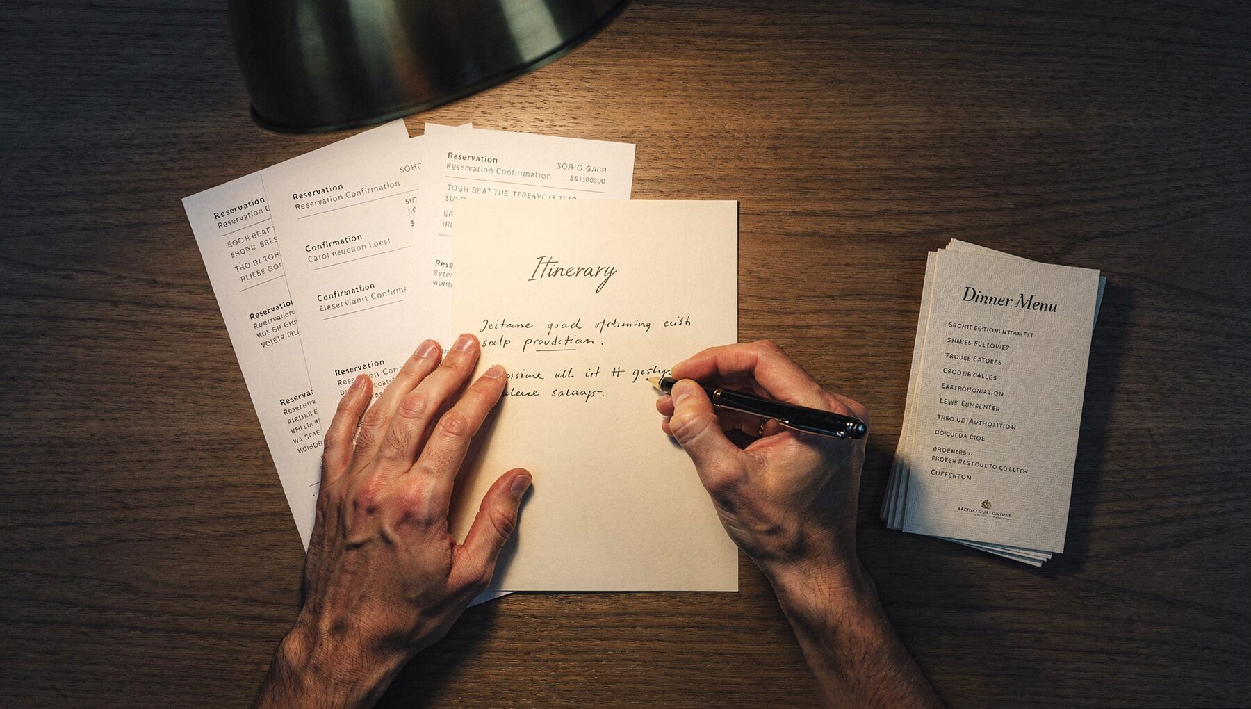 Overhead view of hands writing a handwritten itinerary on cream stationery next to printed reservations and menus, warm brass desk lamp light.