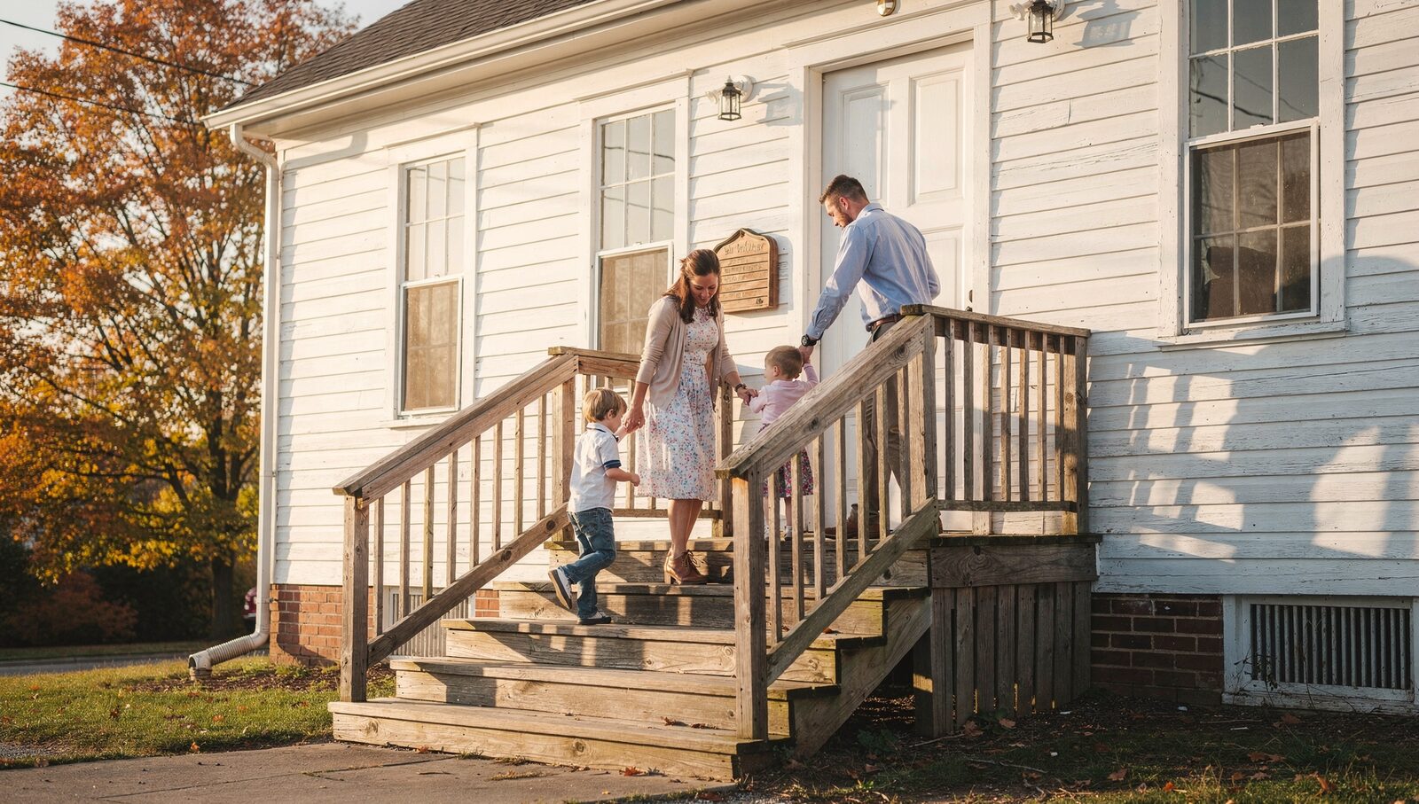 A young Ohio family walking up the wide wooden front steps of a small white-clapboard Methodist church on a Sunday morning.