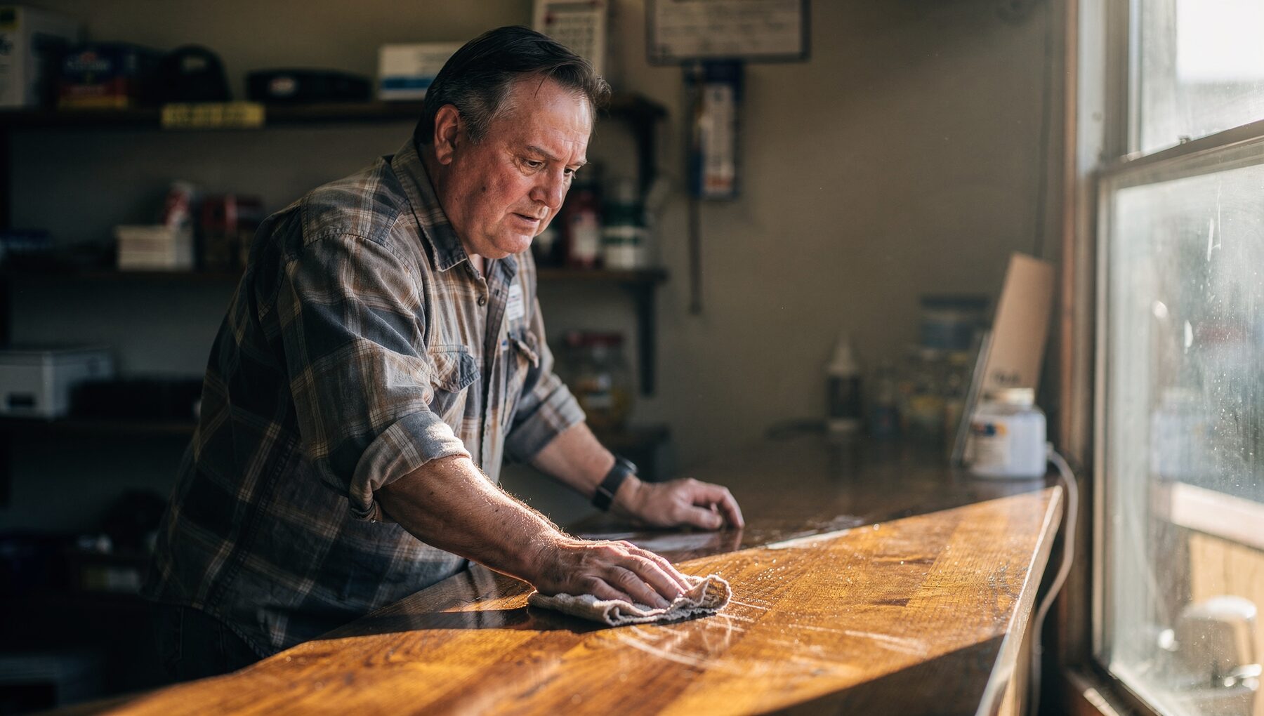 A middle-aged Ohio small business owner behind the counter of their shop in morning light.