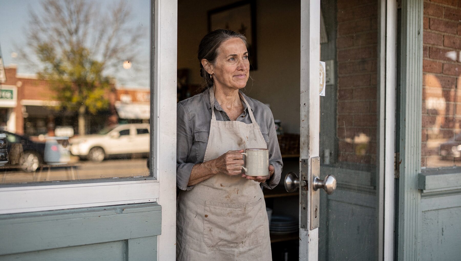A female Ohio small business owner smiling in the doorway of her small storefront holding a coffee.