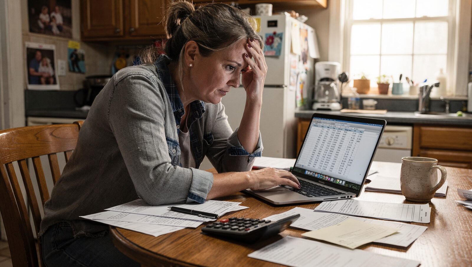 A small business owner in her late 40s at a kitchen table with paper invoices and a laptop, one hand on her forehead, morning light.