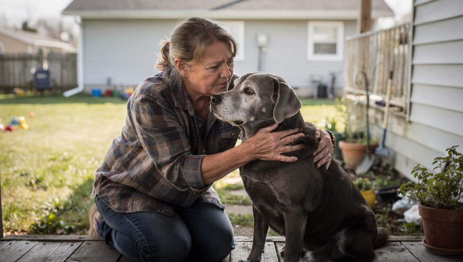 A middle-aged Ohio woman kneeling on her back porch with her arms around a graying Labrador retriever, looking into the dog's face with worried love.