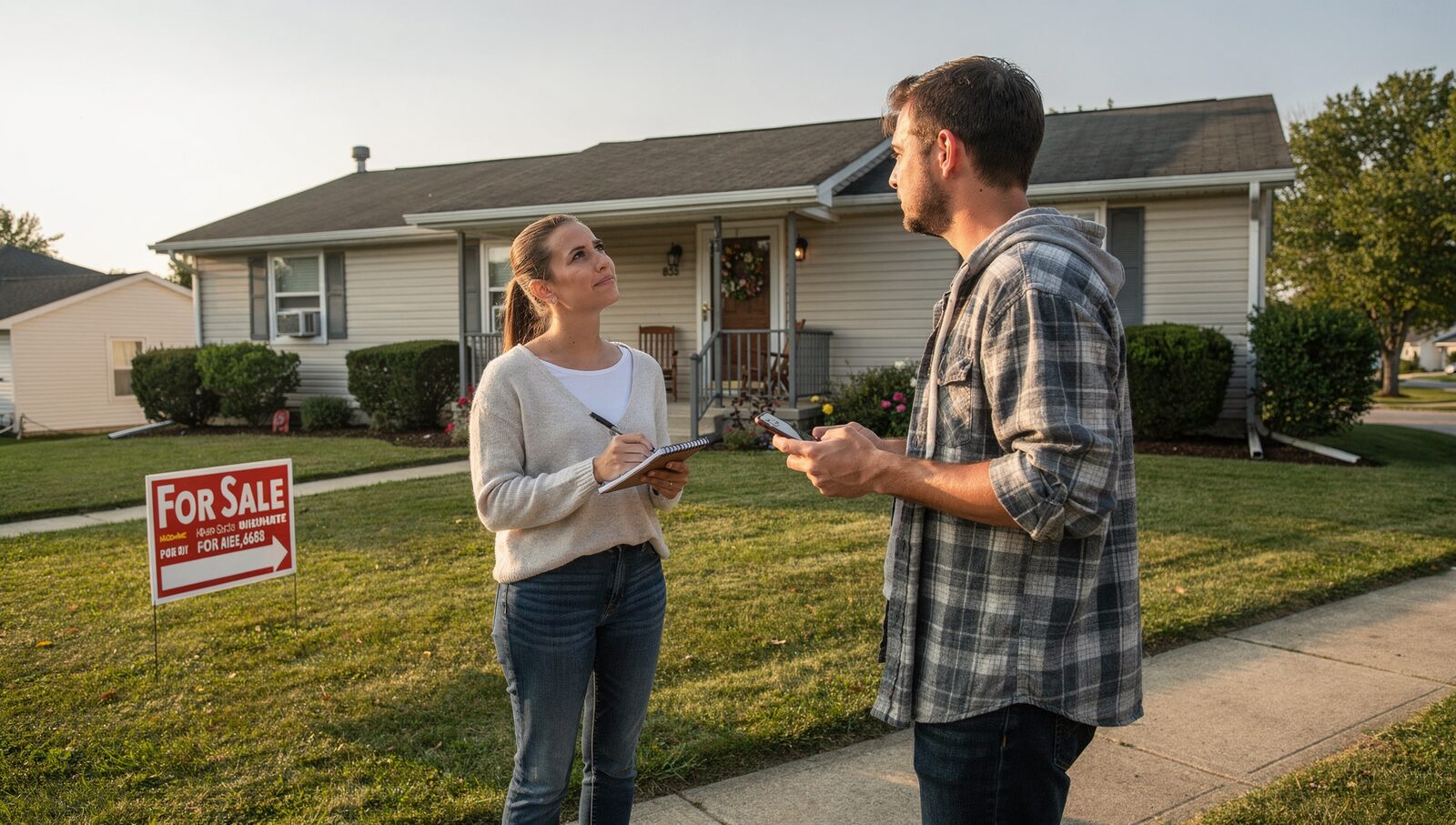A young Ohio couple standing on the sidewalk in front of a small Medina ranch house with a For Sale sign, morning light, looking up at it together.