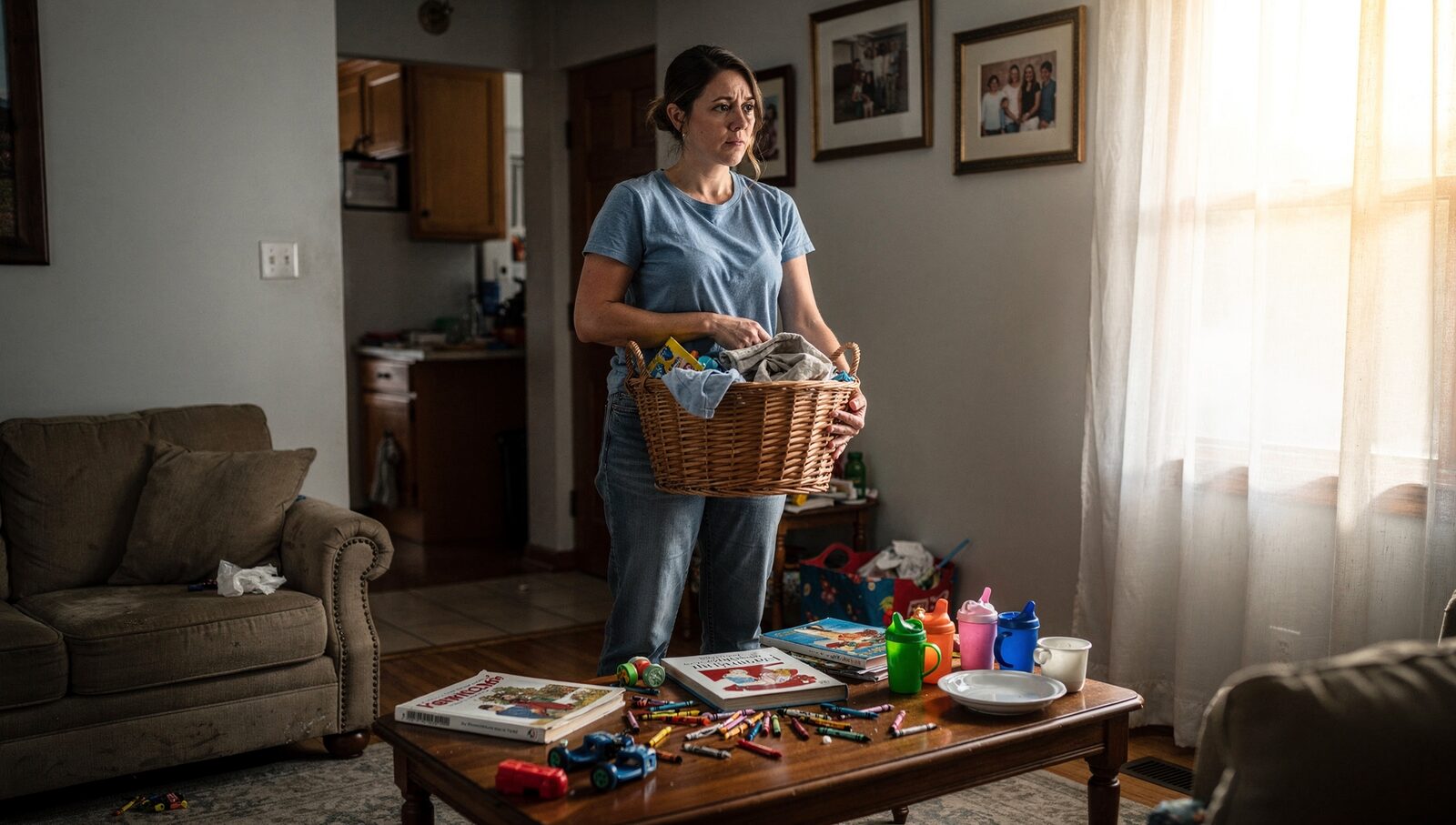 A young Ohio mom in her mid-30s standing in her living room holding a laundry basket, looking at a cluttered coffee table covered in kids' toys, warm afternoon light.