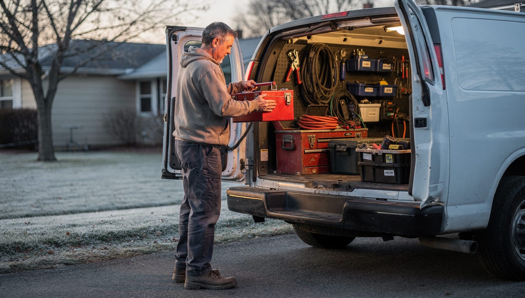 An Ohio tradesperson loading a red toolbox into a work van at 7 AM in a suburban driveway.