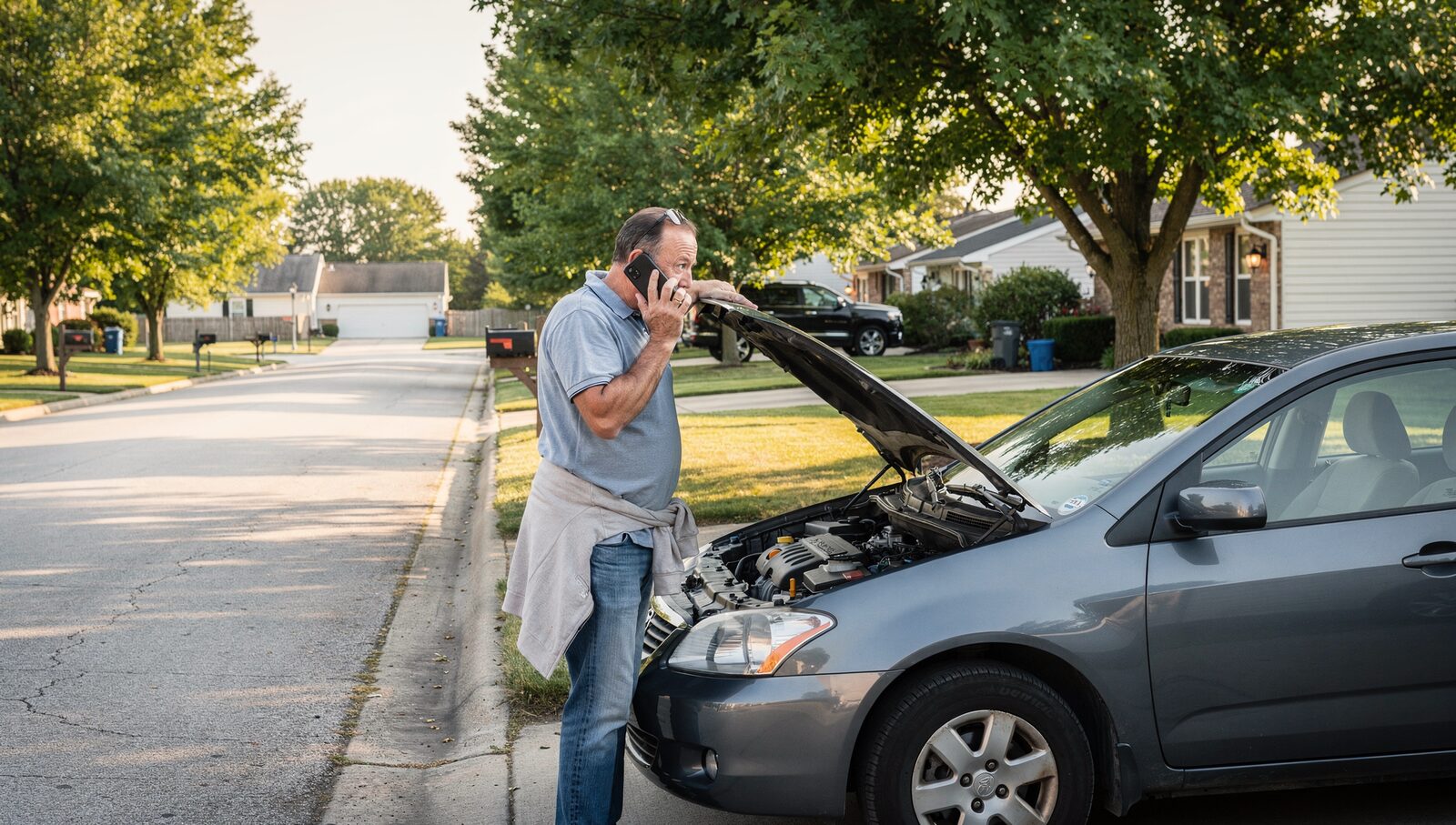 A middle-aged Ohio man standing on a suburban Medina street next to his hatchback with the hood up, phone to his ear, concerned but calm.