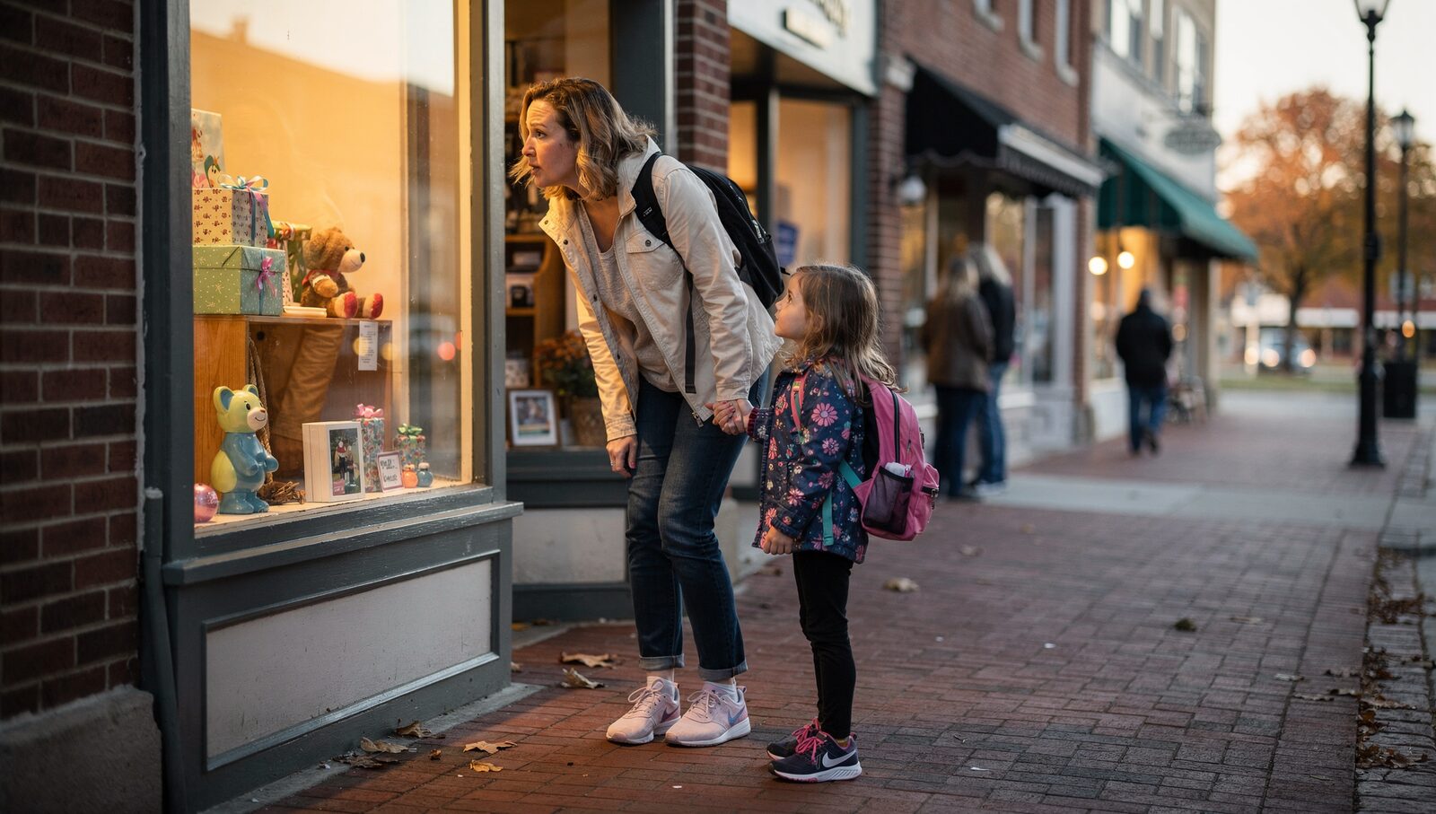 A young Ohio mom walking down downtown Medina Public Square with her elementary-school-aged daughter, both looking into a small storefront window.