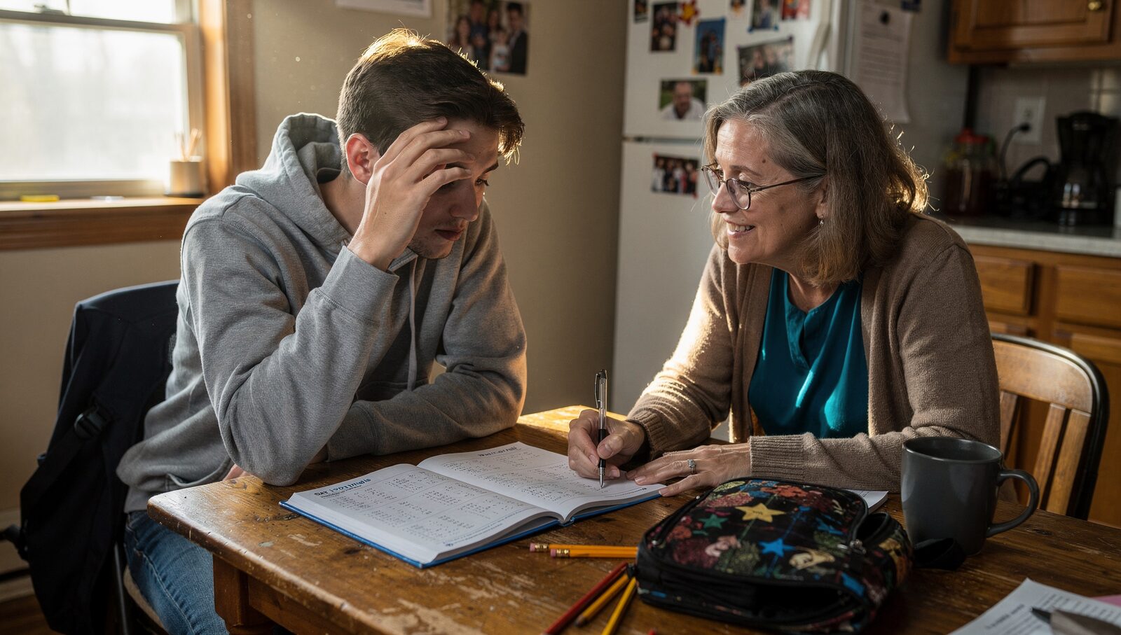 A Medina high school junior at his kitchen table with an SAT prep book, an older female tutor pointing at a math problem.