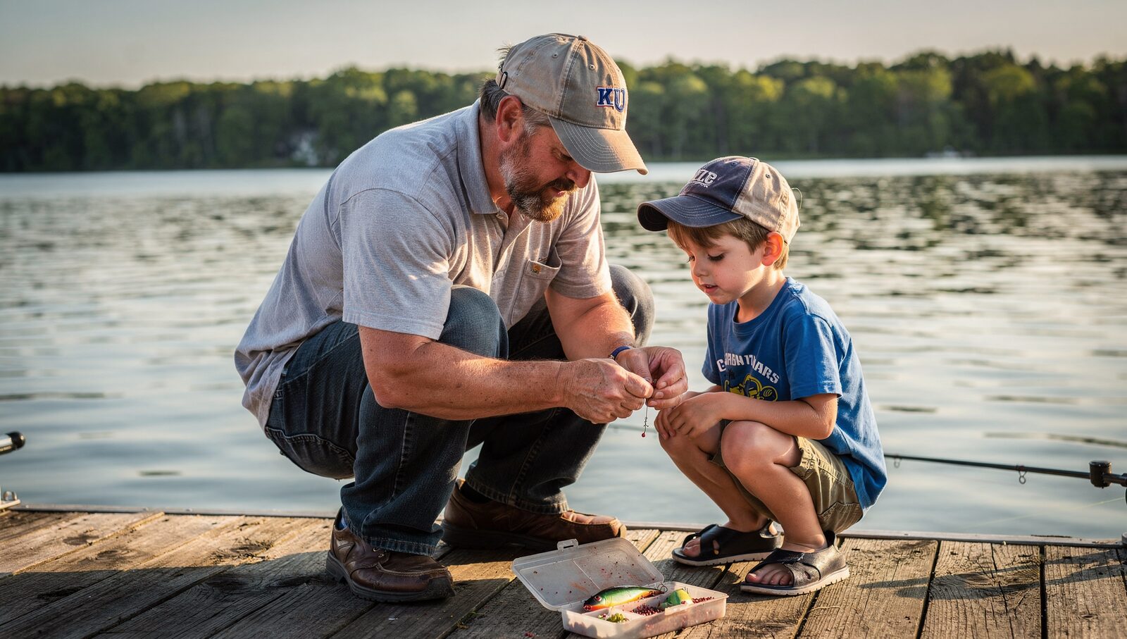 A dad crouched next to his 8-year-old son on a wooden dock at a Medina lake, showing him how to bait a fishing hook.