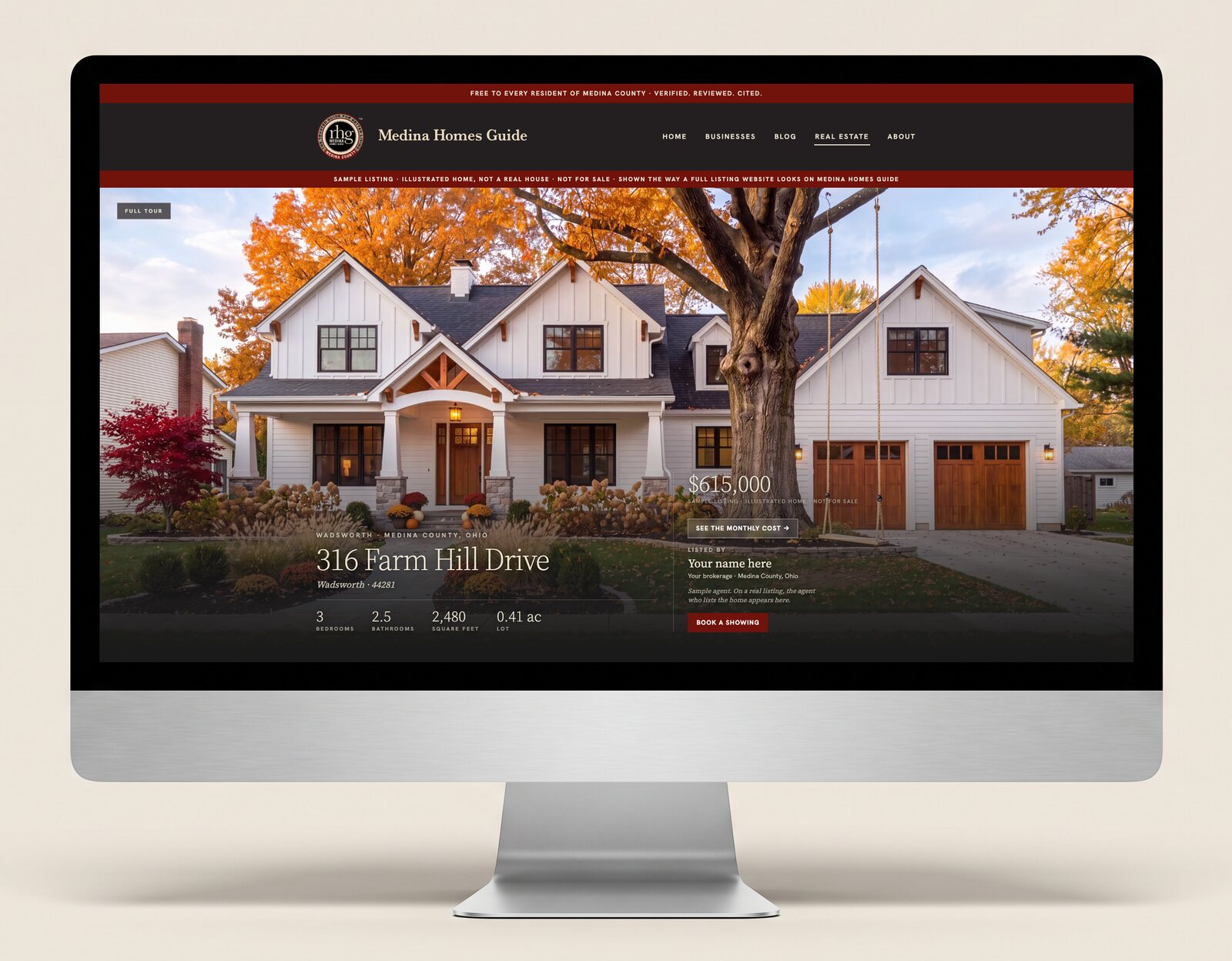 A desktop monitor showing the sample listing page for 316 Farm Hill Drive on Medina Homes Guide