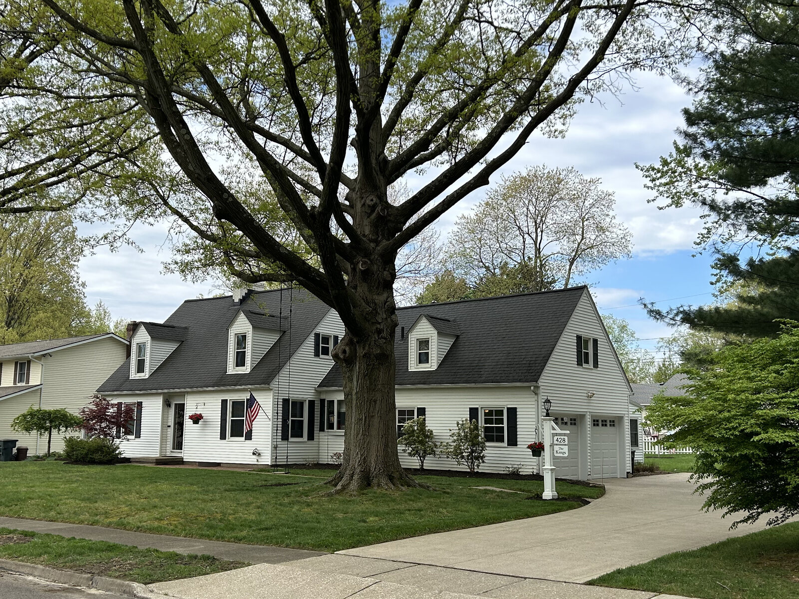 The front of the house under the two hundred-year-old oaks, with a thirty foot rope swing hanging from the larger one
