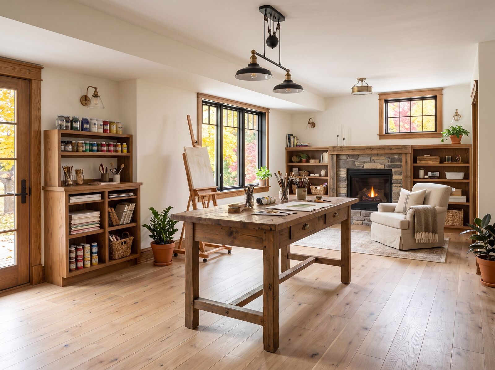 Illustration: Lower-level art room with a worktable and an easel