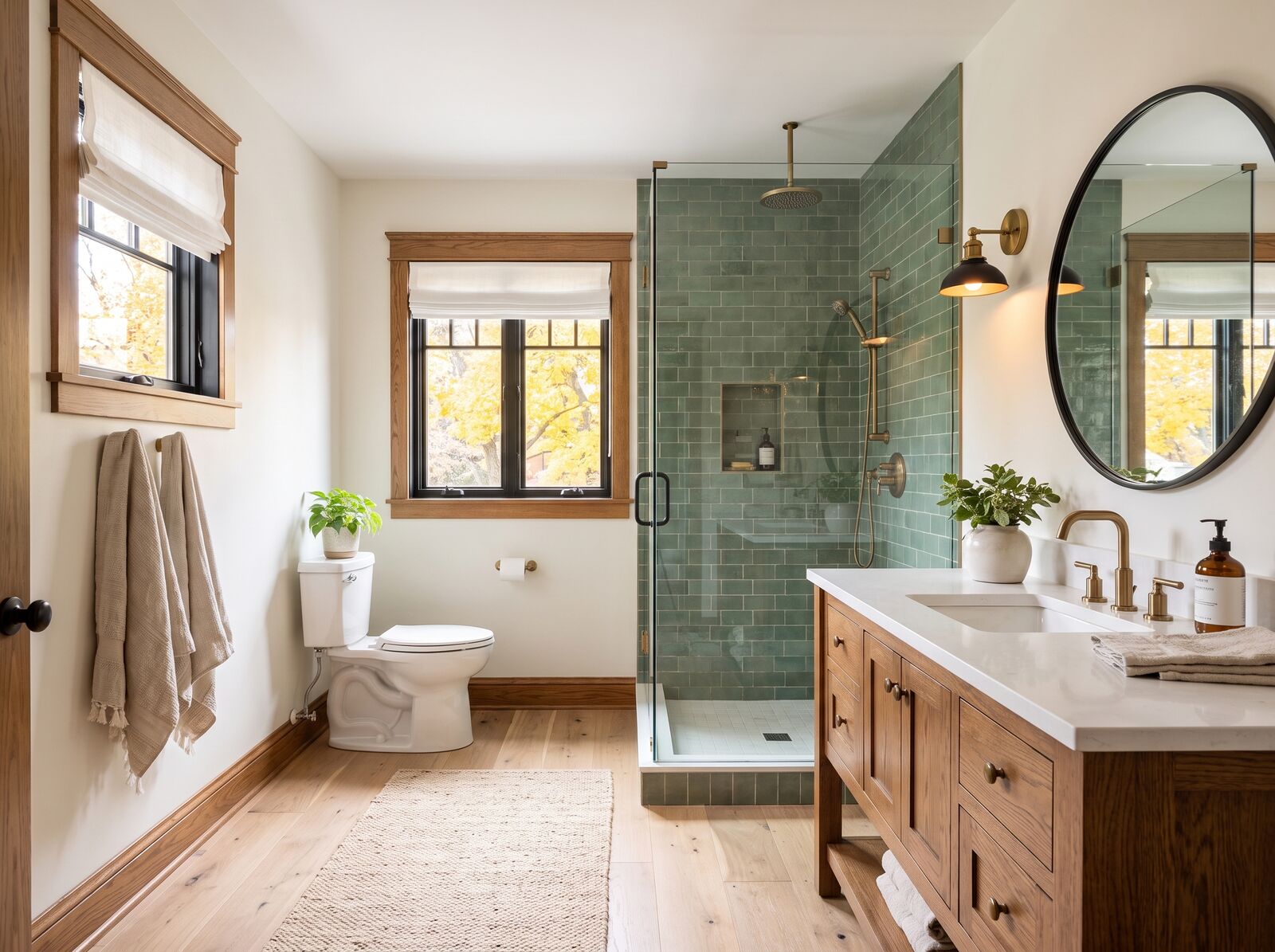 Illustration: Lower-level bath with a green tile shower