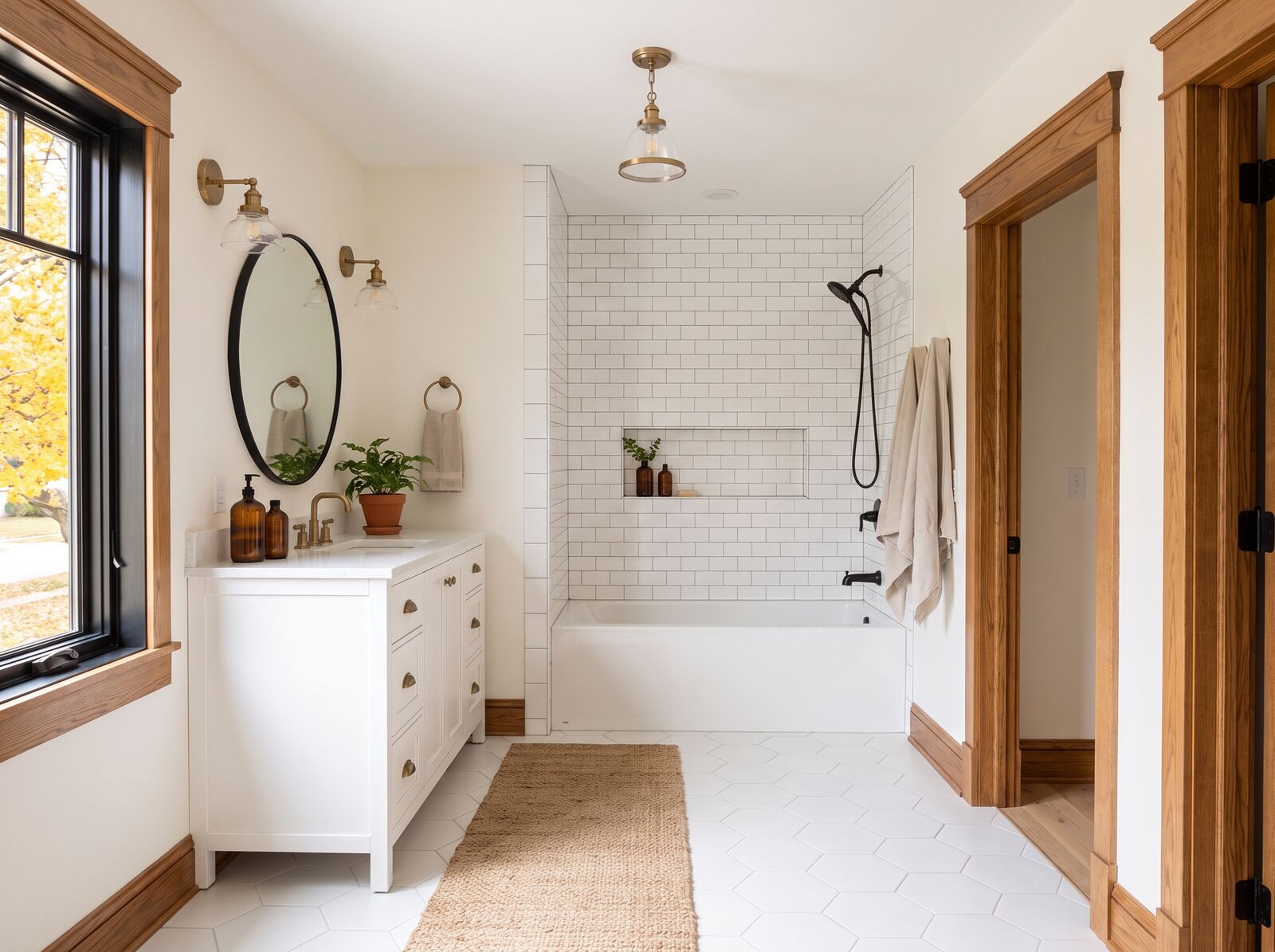 Illustration: Upstairs bath with a tub and white subway tile