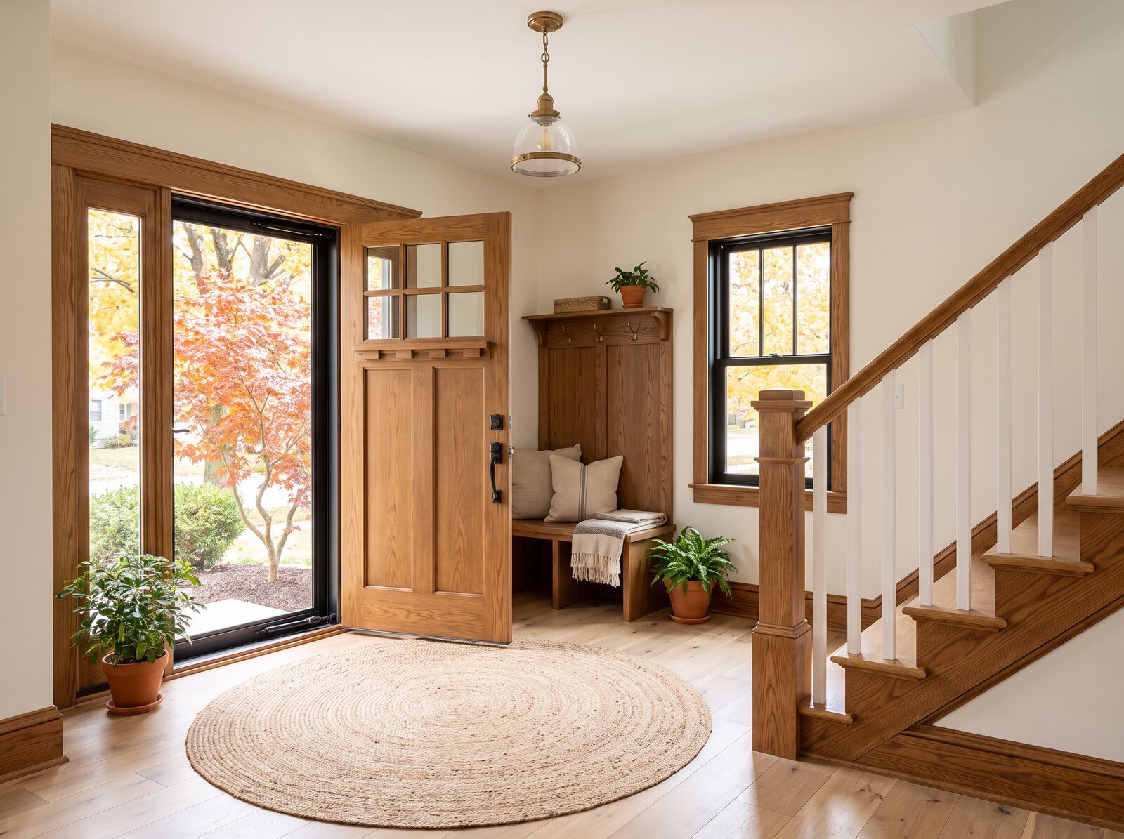 Illustration: The front entry with a bench and the oak staircase