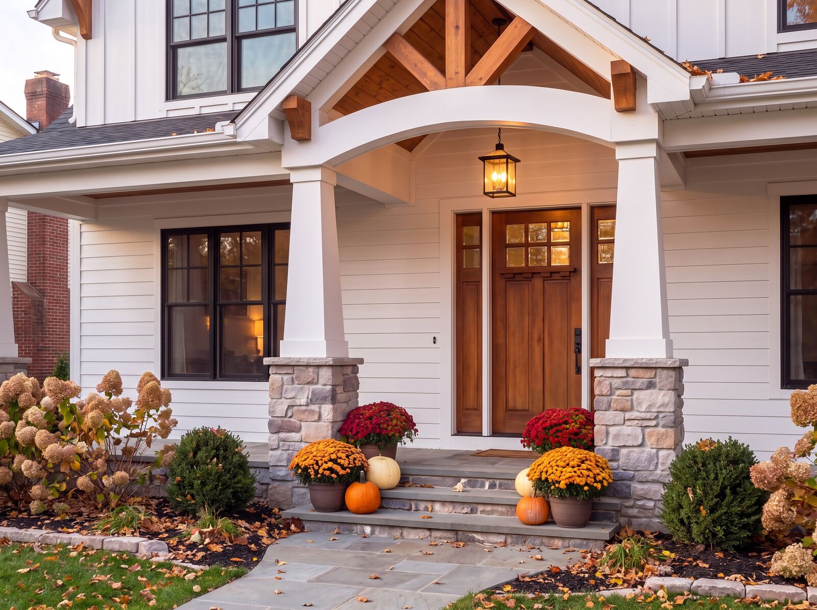 Illustration: The covered front porch with a stained oak door and mums on the steps