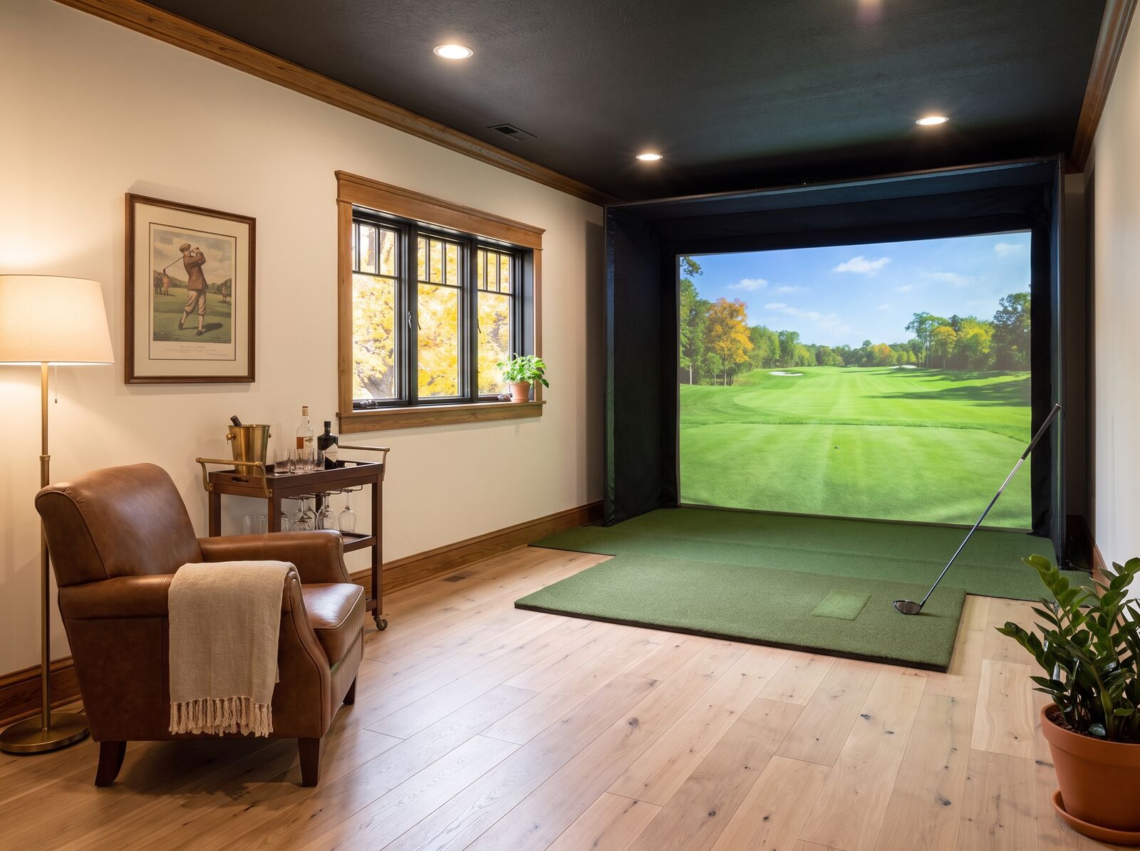 Illustration: A small lower-level room with a golf simulator