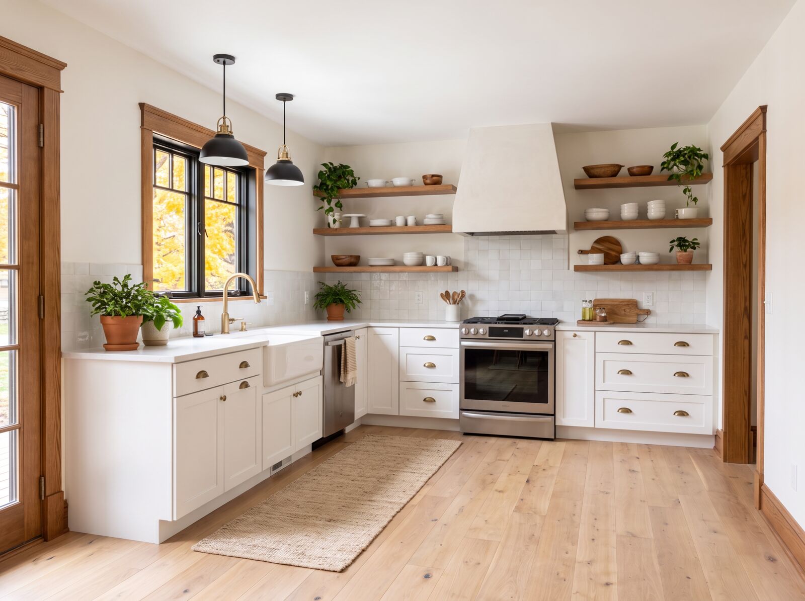 Illustration: The range wall with a plaster hood and open oak shelves