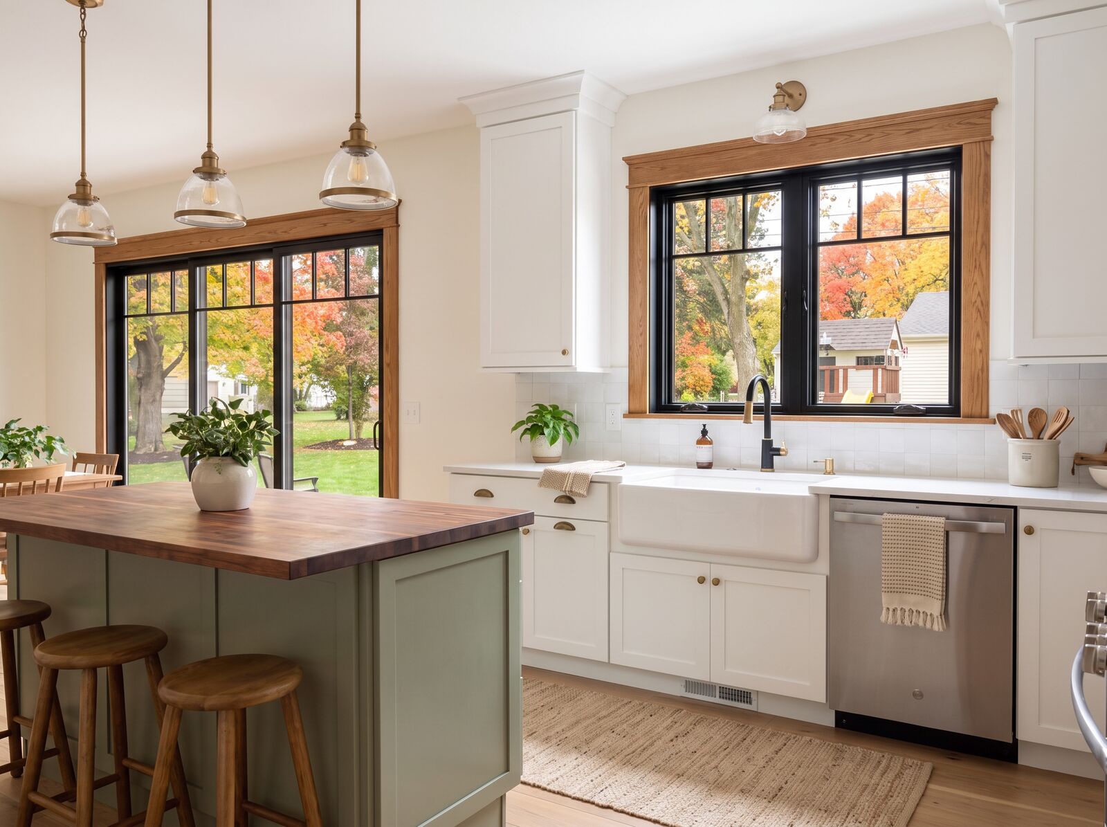 Illustration: The farmhouse sink under the window, fall color outside