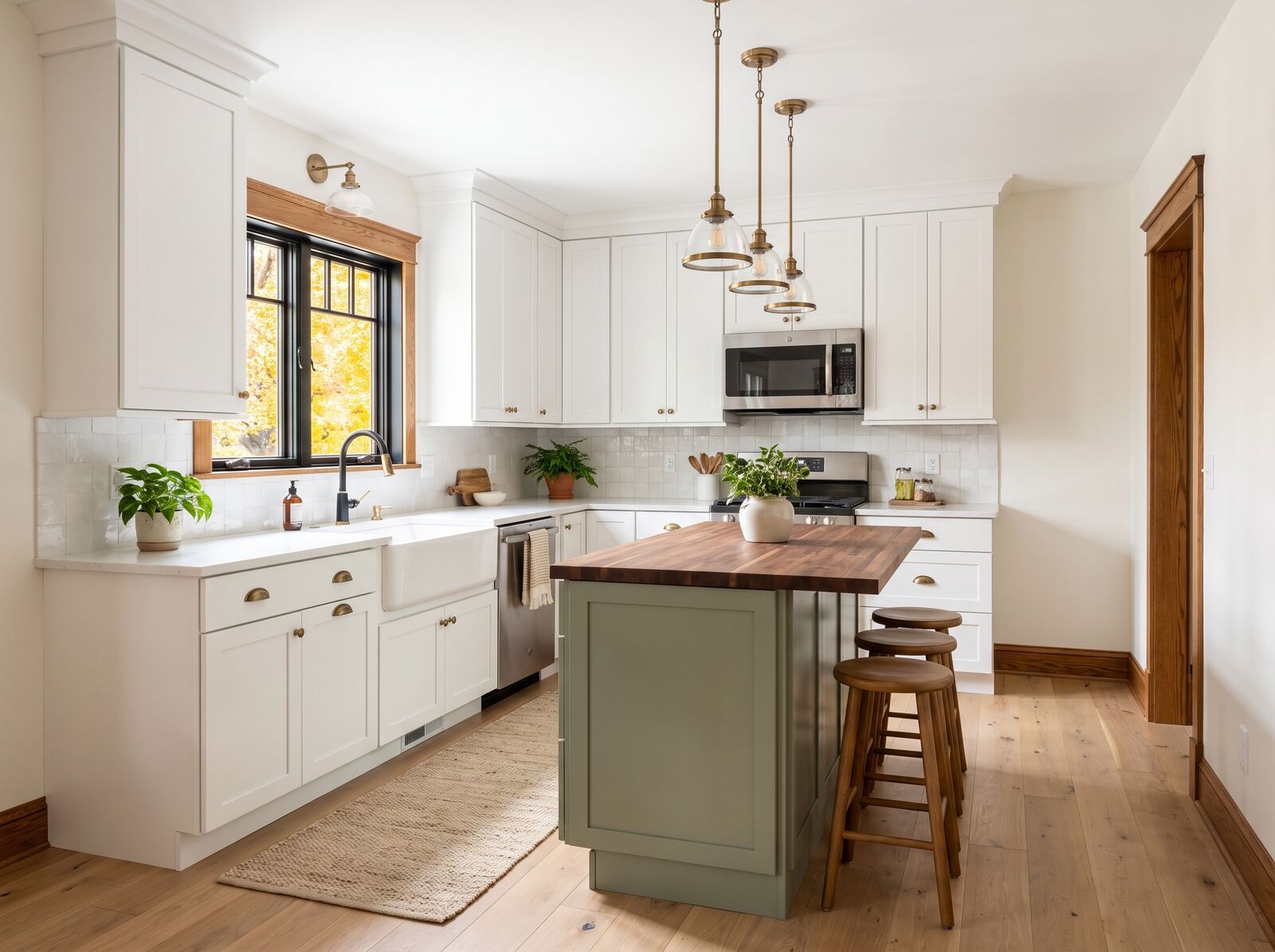 Illustration: Kitchen with white cabinets and a sage green island