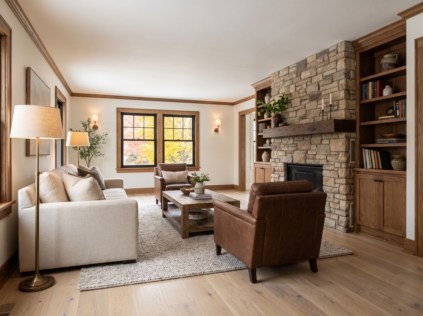 Illustration: Living room with a stone fireplace and oak built-ins