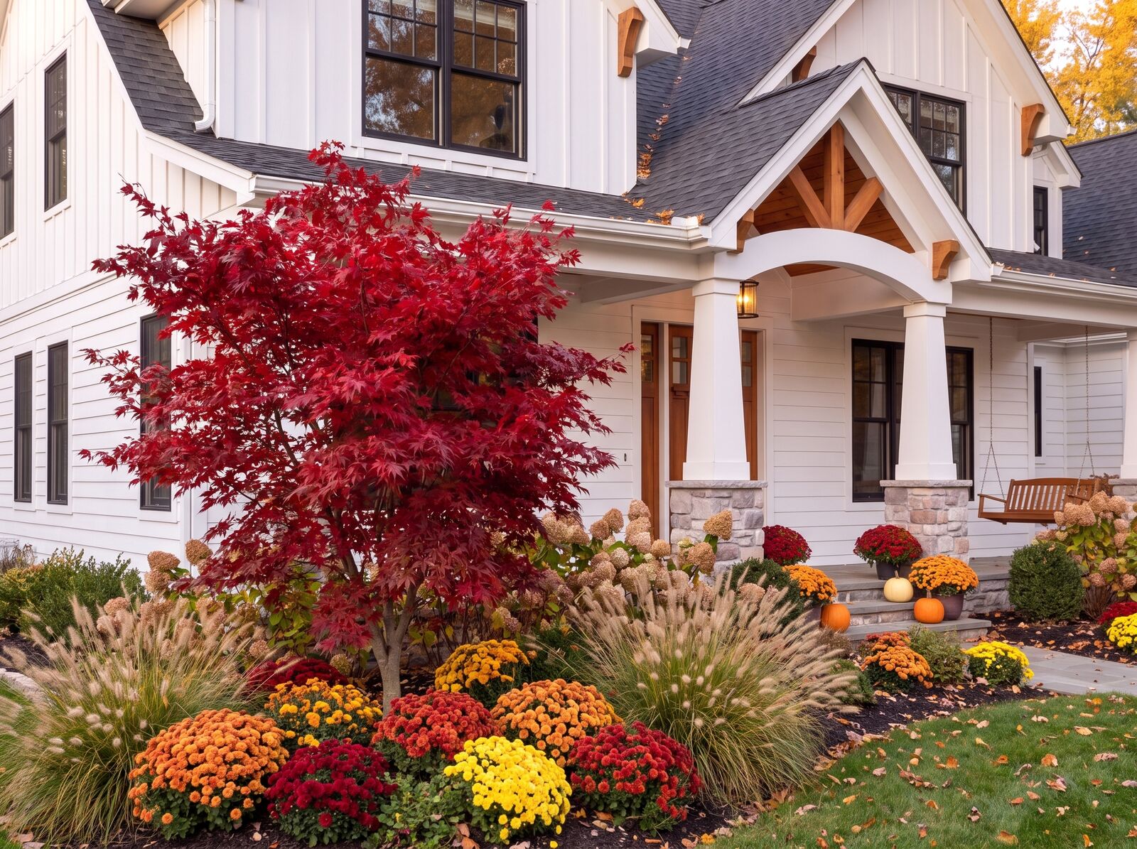 Illustration: A red Japanese maple beside the porch