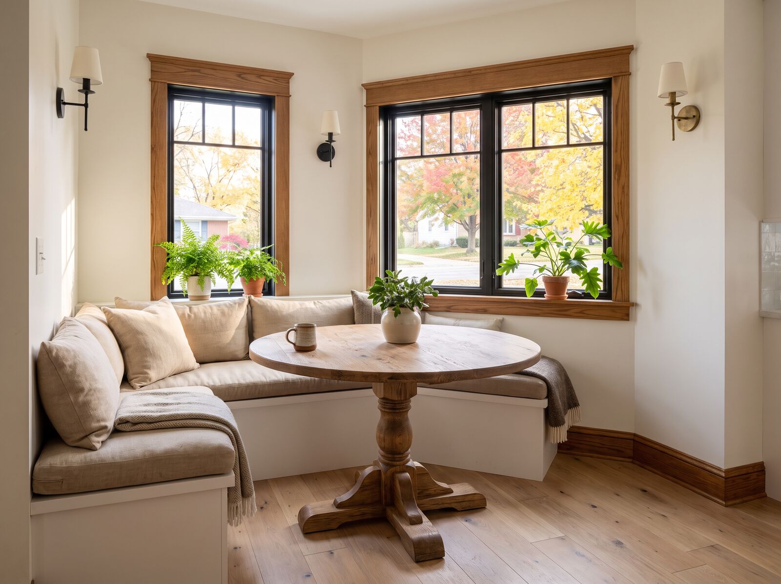 Illustration: Breakfast nook with a built-in bench and a round oak table