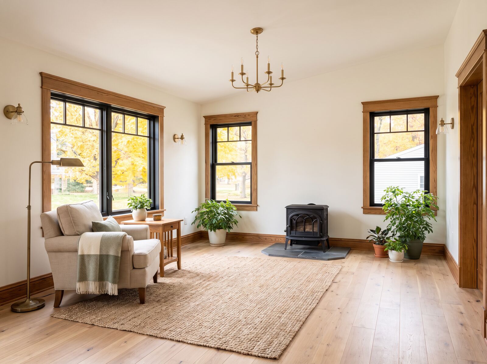 Illustration: A reading chair and a small wood stove in the sunroom