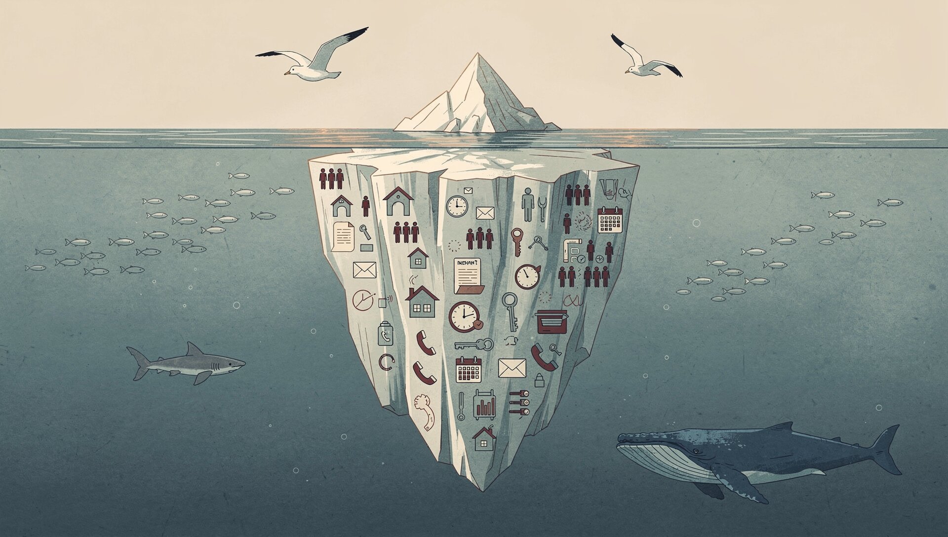 An iceberg cross-section illustration. The small tip visible above the surface represents the visible work of pricing, listing, and showings. The massive body beneath the surface is filled with dozens of small icons representing the many other tasks a realtor handles that clients never see.