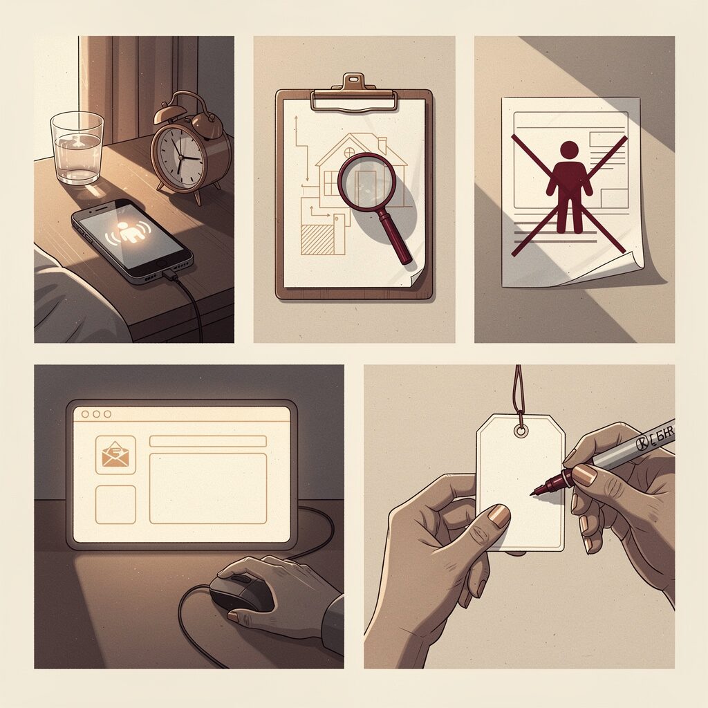 A five-panel storyboard illustration depicting the five real estate crisis moments as small, quiet vignettes arranged in an editorial grid.