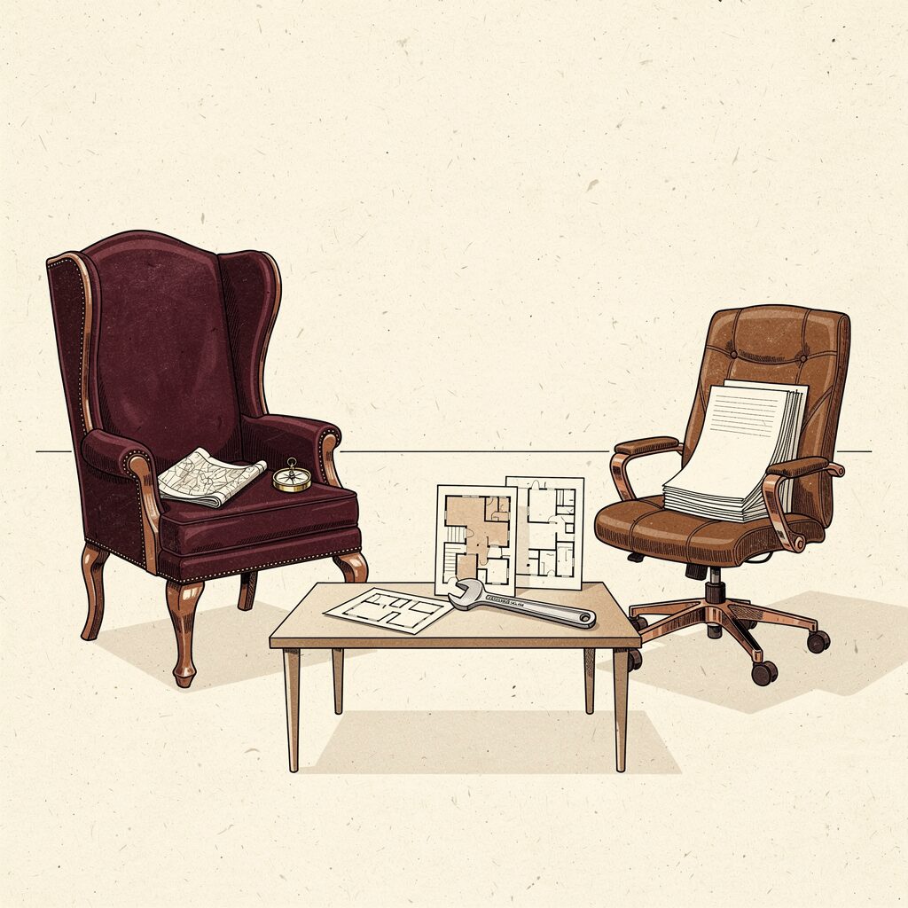 Two distinguished office chairs facing each other. On the left, a large executive chair with a folded map and compass — the CEO seat. On the right, a working chair with a wrench and a tidy stack of contracts — the COO seat.