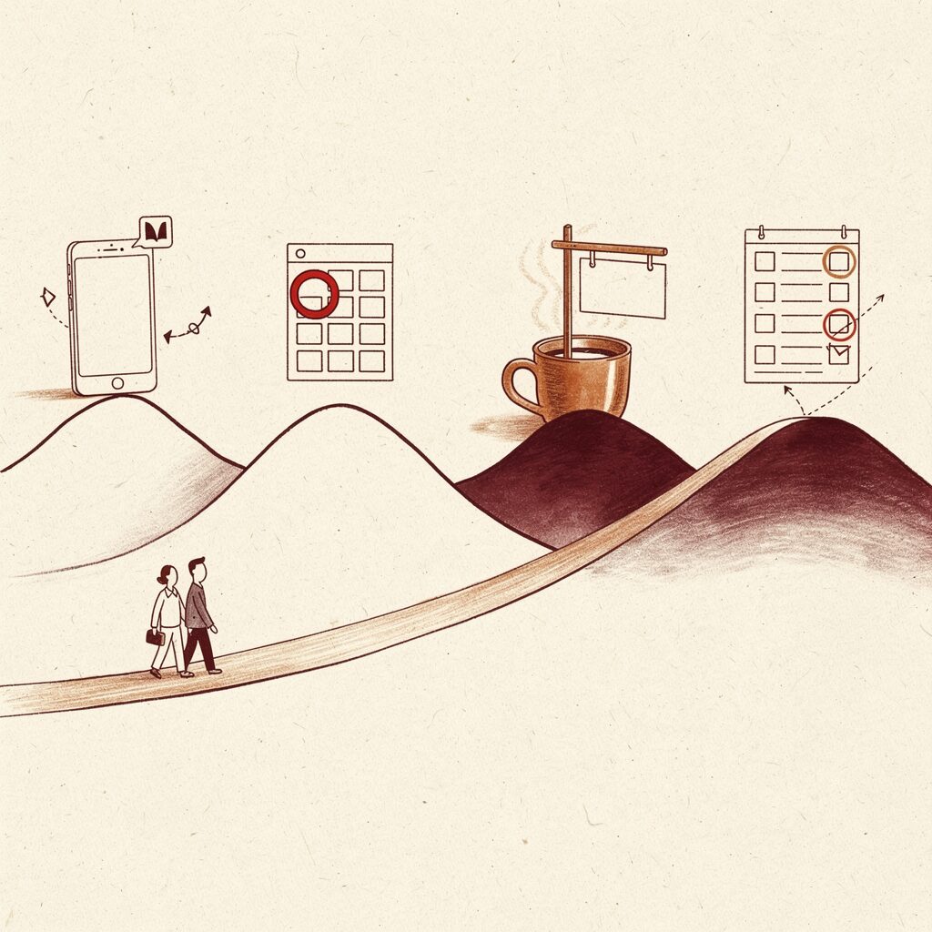 A rolling landscape timeline showing four valleys along a horizon. A small seller figure walks the path with a small companion agent figure alongside. Each valley represents one of the four emotional low points in the home selling journey.