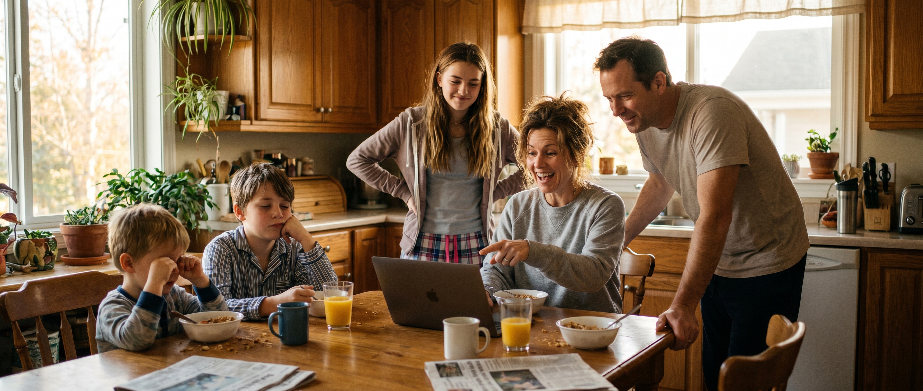 Family checking Medina County listings over breakfast