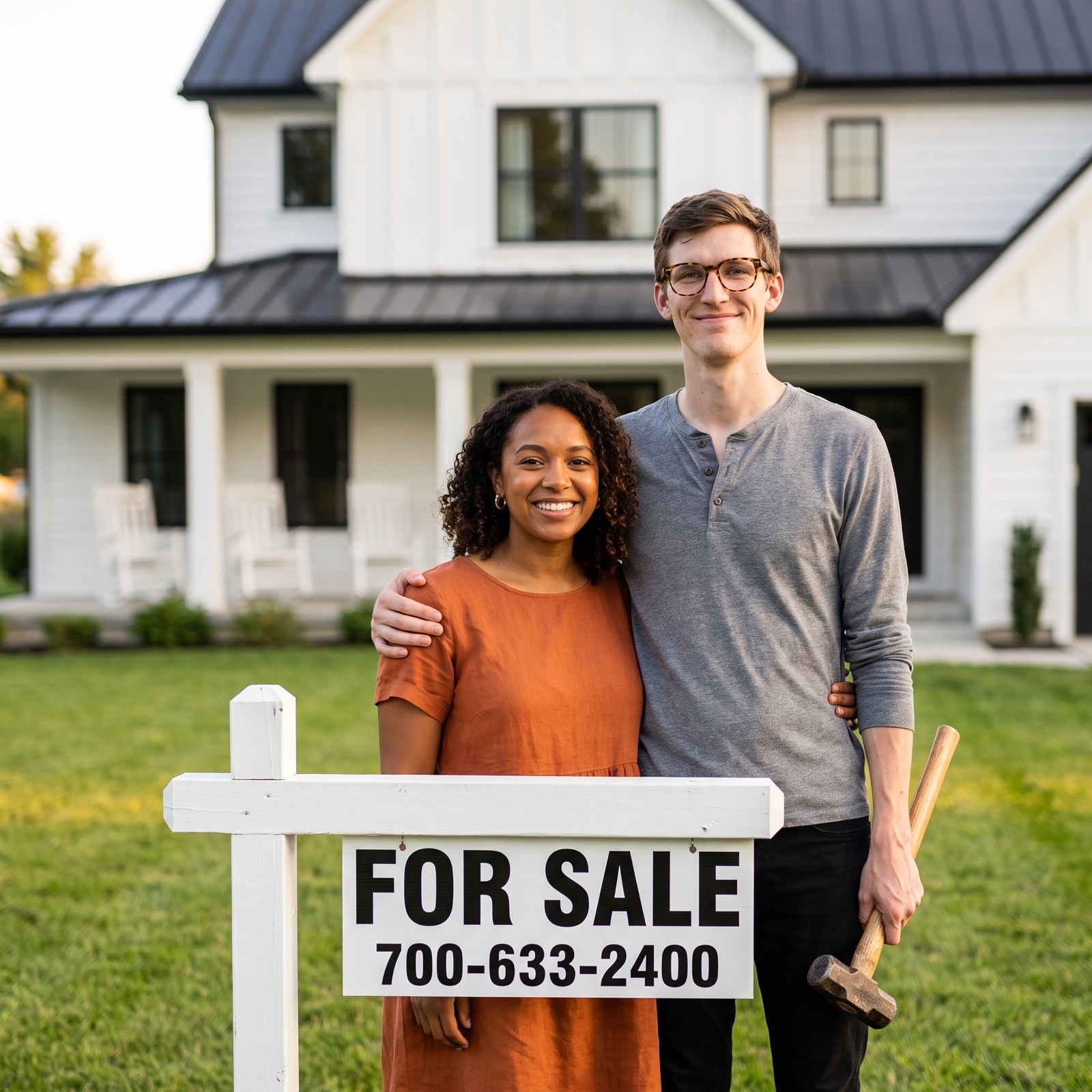A modern couple stands in front of their new farmhouse-style home with a For Sale sign in the lawn. A modern take on American Gothic.